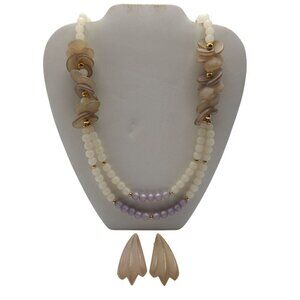 Vintage Napier Strand Beige Purple Frosted Beaded Necklace Clip Earrings Set
